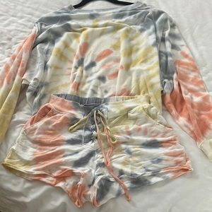 Young Broke & fabulous tie-dyed, cropped sweatshirt and matching shorts